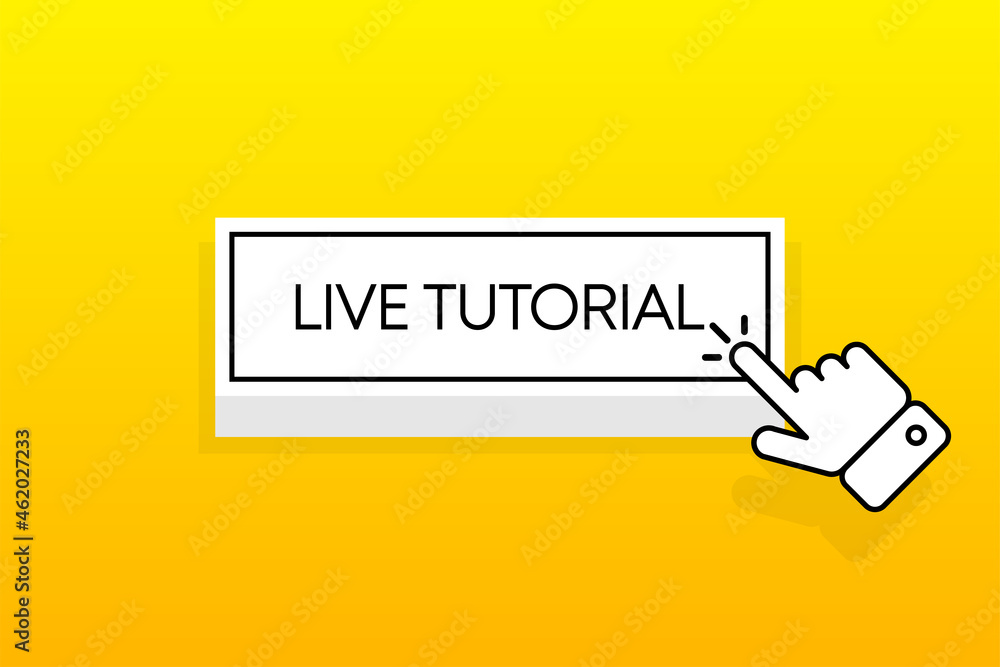 Poster white 3d button with the inscription live tutorial, isolated on a yellow background. mouse cursor. s