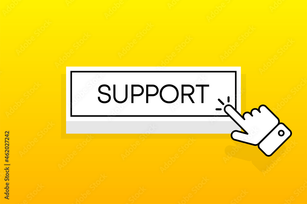 Poster white 3d button with the inscription support, isolated on a yellow background. mouse cursor. simple 