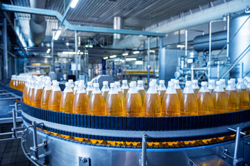 Conveyor belt with bottles for juice or water at a modern beverage plant