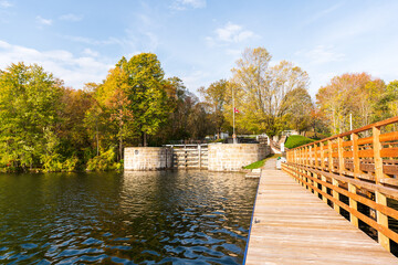 Fototapeta na wymiar The Jones Falls Locks on the Rideau Canal between Kingston and Ottawa, a heritage water way in Ontario Canada. Shot in October.