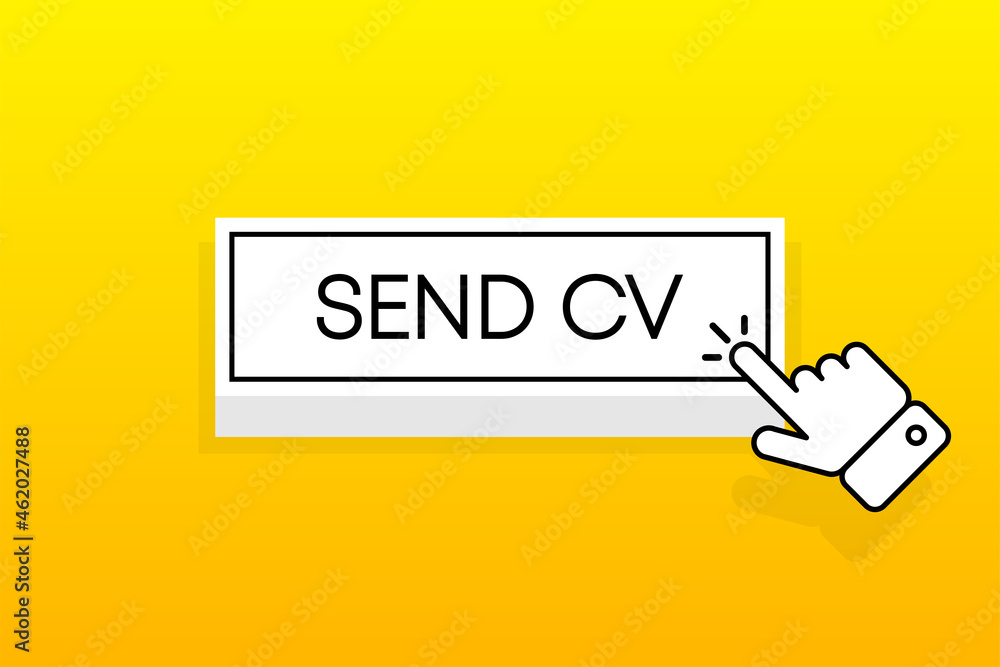Aufkleber white 3d button with the inscription send cv, isolated on a yellow background. mouse cursor. simple 