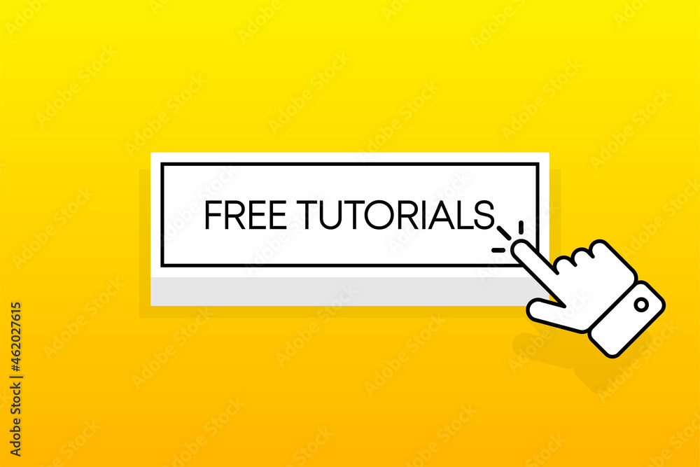 Poster white 3d button with the inscription free tutorials, isolated on a yellow background. mouse cursor. 