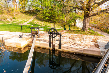 Details of the Jones Falls Locks on the Rideau Canal between Kingston and Ottawa, a heritage water way in Ontario Canada. Shot in October.