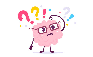 Vector Creative Illustration of Think Pink Human Brain Character with Question Marks on White Color Background. Flat Doodle Style Knowledge Concept Design of Emotional Brain in Glasses