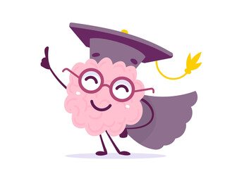 Vector Creative Illustration of Happy Pink Human Brain Character in Glasses, Graduate Cap and Gown on White Background. Flat Doodle Style Graduation Knowledge Concept Design of Happy Brain
