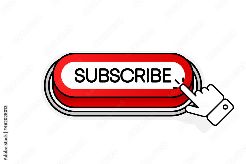 Poster red 3d button with the inscription subscribe, isolated on a white background. mouse cursor. linear d