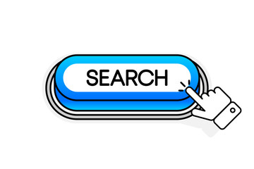 Blue 3D button with the inscription Search, isolated on a white background. Mouse cursor. Linear design. Vector illustration.