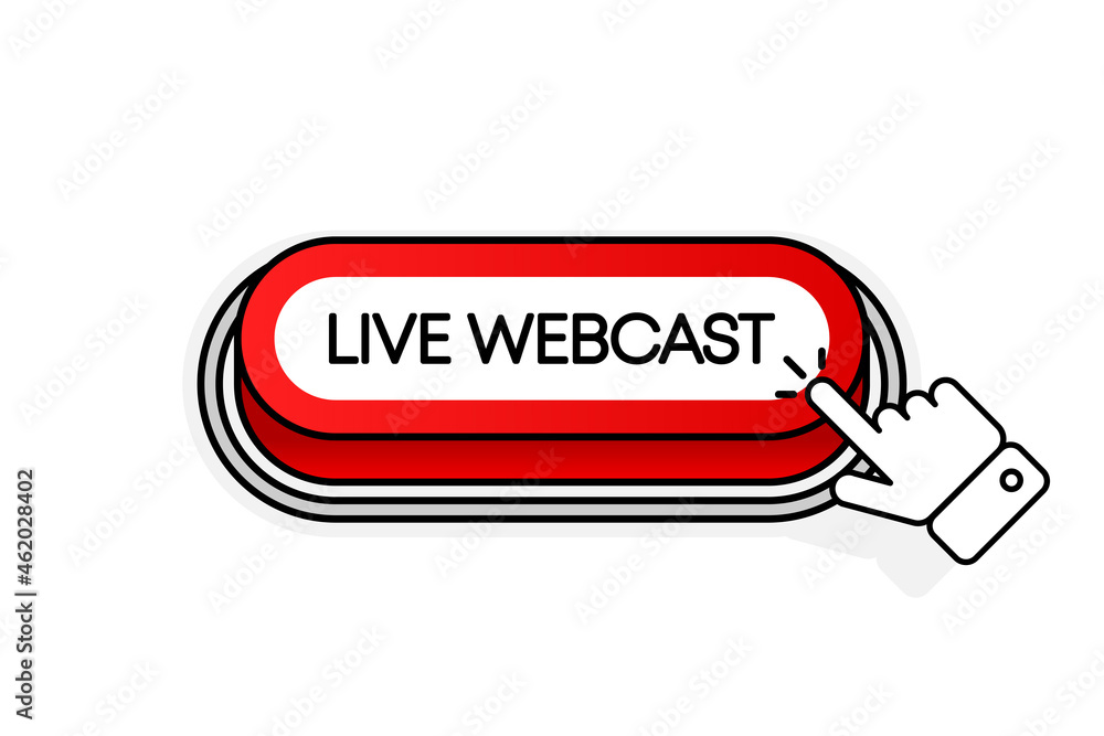 Aufkleber red 3d button with the inscription live webcast, isolated on a white background. mouse cursor. linea