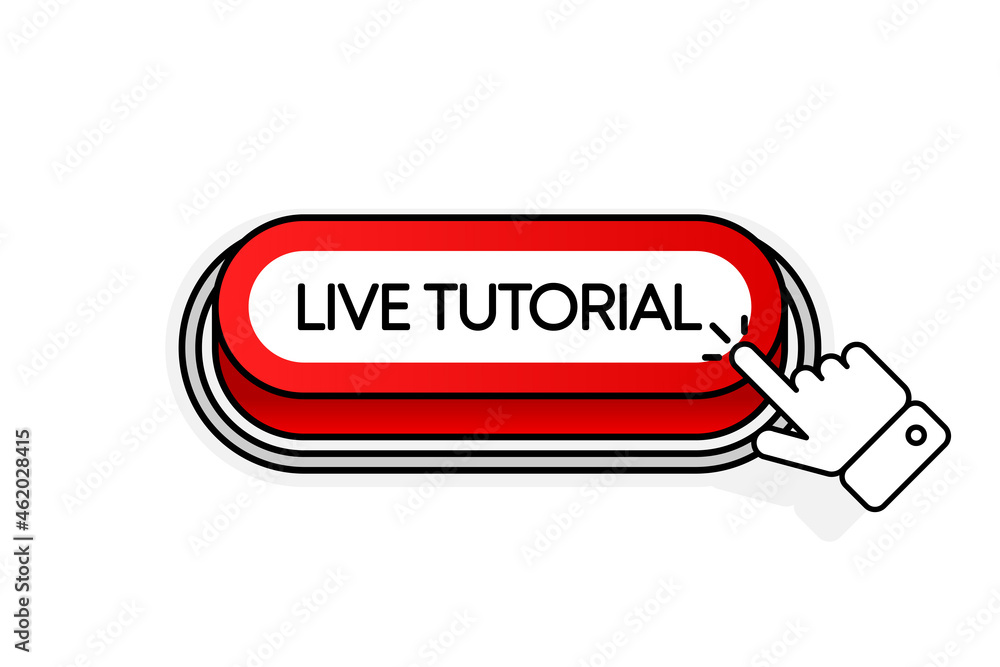Poster red 3d button with the inscription live tutorial, isolated on a white background. mouse cursor. line