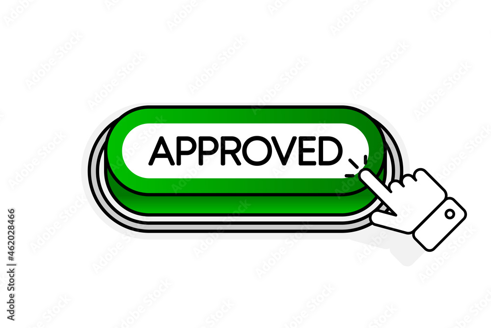 Poster green 3d button with the inscription approved, isolated on a white background. mouse cursor. linear 