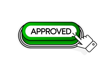 Green 3D button with the inscription Approved, isolated on a white background. Mouse cursor. Linear design. Vector illustration.