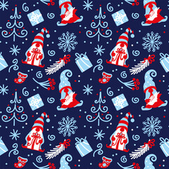 Christmas gnomes, gifts, tree, snowflakes. Celebration,  christmas ornament, vector. Christmas pattern for fabric, wrapping, textile, wallpaper, apparel. 