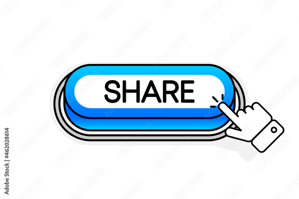 Poster blue 3d button with the inscription share, isolated on a white background. mouse cursor. linear desi