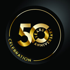 50th anniversary, anniversary celebration vector design with gold color on black geometric background and circle shape.