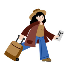 Woman at airport. Girl with suitcase is hurry. Luggage and baggage. Ticket in hand. Flat cartoon isolated on white. Female character goes on vacation