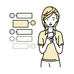 立ってスマートフォンで楽しくチャットで会話するポロシャツの女性