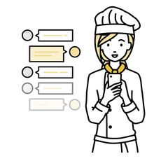 立ってスマートフォンで楽しくチャットで会話する調理師の女性