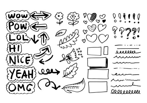 doodle flower hand graffiti set, arrows, business, universal, hearts, frames, exclamation marks, question marks, underline and speech bubbles.