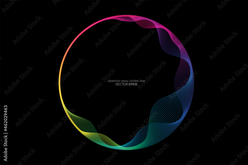Aufkleber Vector abstract circles lines wavy in round frame colorful light rainbow isolated on black background with empty space for text