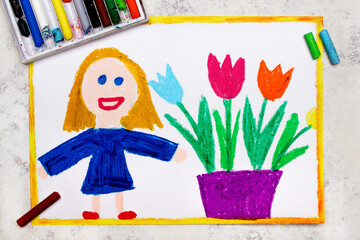 Obraz na płótnie Canvas Colorful drawing: Smiling girl standing nex to flowerpot with tulips