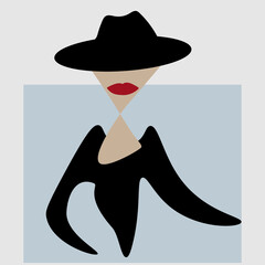 Fashion abstract design. Woman in a hat with red lips. Fashion concept