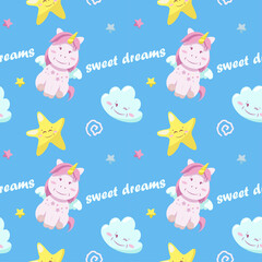 Cute children's seamless pattern with the image of a unicorn, stars and clouds. Sweet dreams