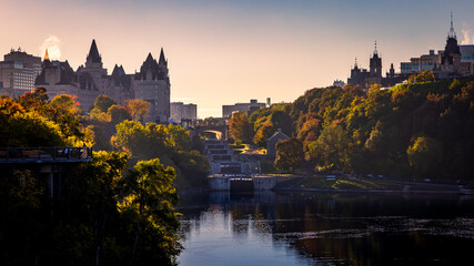 view of the Rideau Canal in Ottawa, in the early morning with the Château Laurier.