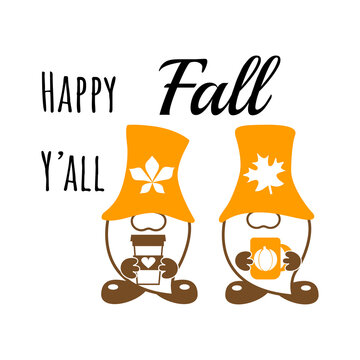 Happy fall yall. Gnomes with coffee and inscription. Fall season. Cute printable autumn design. Poster, banner, greeting card design element. 