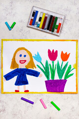 Colorful drawing: Smiling girl standing nex to flowerpot with tulips - 462030649