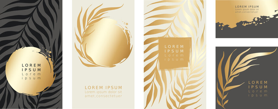 Collection of labels or cards. Vector illustration, set of backgrounds with gold strokes and leaves.	
