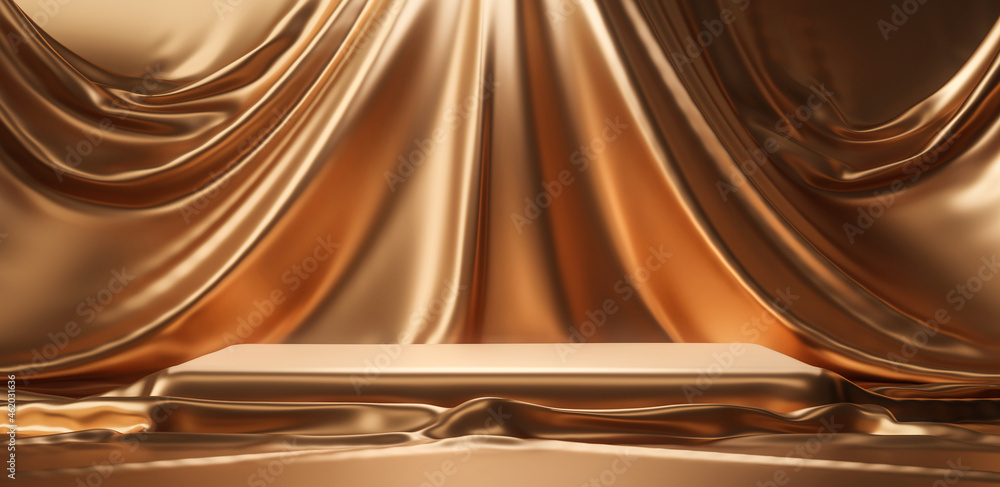 Leinwandbilder Abstract luxury gold background presentation product display podium stand or empty advertising pedestal showcase stage and golden wall studio scene on fashion backdrop with blank platform. 3D render.