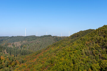 Wind turbines for electricity production over a dense forest in western Germany.