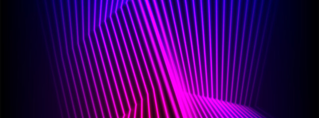 Blue and ultraviolet neon laser glowing curved 3d lines abstract tech background. Vector banner design