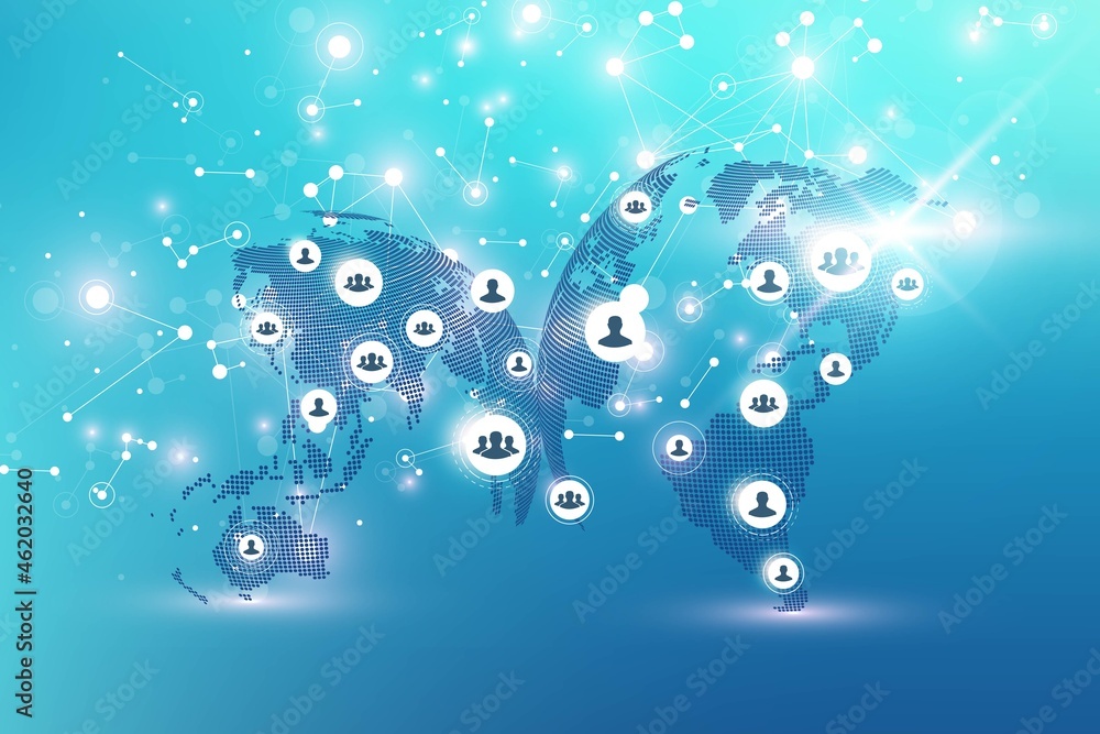 Poster Big data visualization. Geometric abstract background visual information complexity. Futuristic infographics design. Technology background with connected line and dots, wave flow illustration