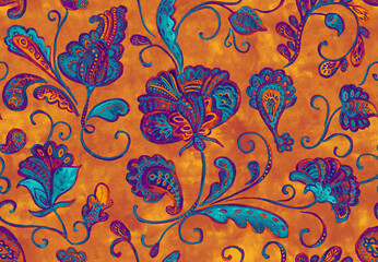 Paisley watercolor floral pattern tile: flowers, flores, tulips, leaves. Oriental indian traditional hand painted water color whimsical seamless print, ceramic design. Abstract india batik background