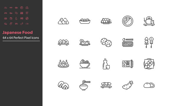 set of japanese food thin line icons, traditional asian food