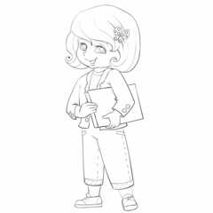 sketch, cute girl in jeans and with a bob haircut holding a book under her armpit, coloring book, cartoon illustration, isolated object on a white background, vector,