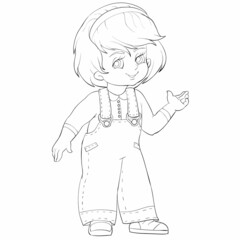 sketch, cute girl in denim overalls and short hair, coloring book, cartoon illustration, isolated object on white background, vector,