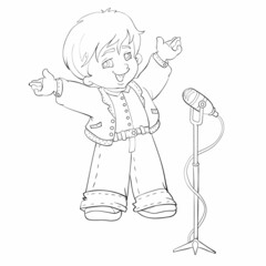 sketch, cute boy stands in front of a microphone and sings, coloring book, cartoon illustration, isolated object on white background, vector,