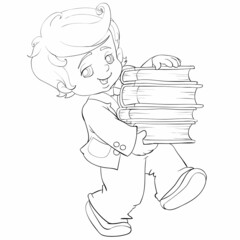 sketch, cute boy carries a large stack of books in his hands, coloring book, cartoon illustration, isolated object on white background, vector,