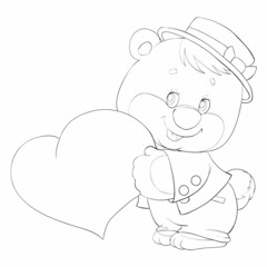 sketch, cute bear in a hat holding a big heart in its paws, cartoon illustration, isolated object on a white background, vector,