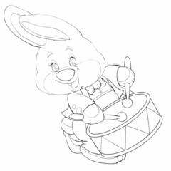 sketch, cute hare playing with sticks on a big drum, coloring book, cartoon illustration, isolated object on a white background, vector,