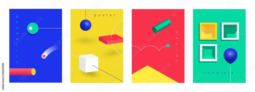Poster abstract 3d poster. isometric futuristic technology banners with geometric gradient shapes. minimal 