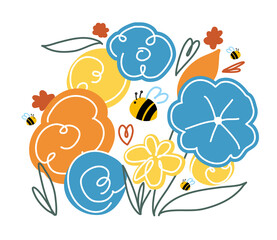 Big colourful flowers and small bees in the garden. Isolated vector flat illustration. Cute design for natural and bio products, banners and postcards.