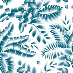 Fashionable seamless tropical pattern with bright monochromatic style color plant and leaves on white background. natural background. Exotic jungle wallpaper. summer vector design