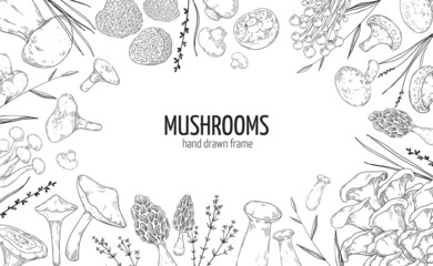 Mushroom frame. Hand drawn engraving borders of vegetable fungus. Natural champignon and shiitake. Gourmet truffle or boletus. Forest plants. Vector black and white package label mockup