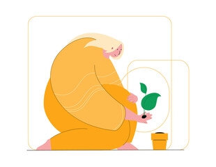 Young caucasian woman planting a small shoot in a pot. Isolated vector flat illustration. Female character enjoying her hobby, houseplants and gardening.