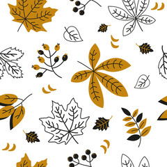 Pattern of silhouettes of leaves and berries of black gold color on a transparent background