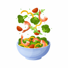 Flying salad. Cartoon bowl with healthy organic ingredients. Green arugula leaves, tomato slices and shrimps. Vegetable pieces falling in plate. Vector vegetarian diet breakfast menu