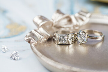 Close up of engagement diamond ring. Love and wedding concept. (soft and selective focus)
